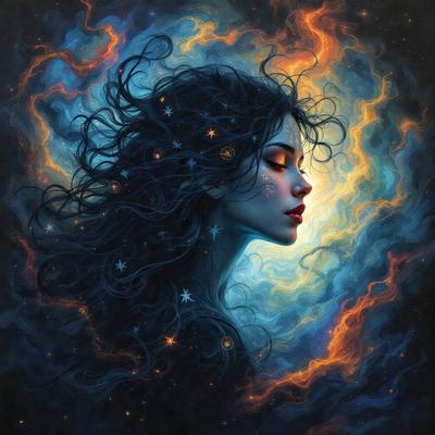 The primary subject of the image is a woman with long hair, who is the main focus of the scene. She is surrounded by a blue and orange background, which adds to the overall atmosphere of the painting. The visual style of the image is a digital art or illustration, as it is a detailed and intricate portrait of the woman. The colors and mood of the painting are vibrant and lively, with the blue and orange hues creating a sense of depth and energy.
